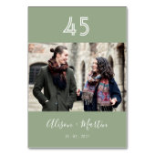 Numéro De Table Élégant Mariage photo en blanc Sage Green Script (Par défaut)