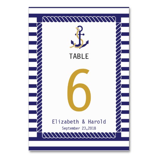 Numéro De Table Élégant Mariage Thème Marin Rayures Bleu Marine (Dos)