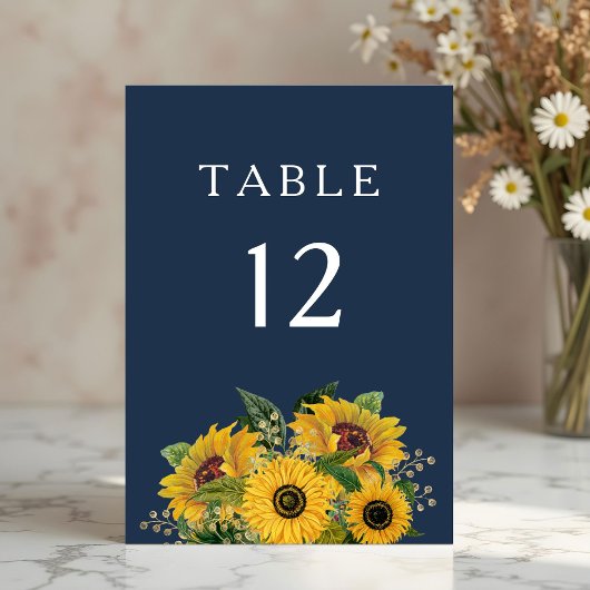 Numéro De Table Élégant mariage tournesols bleu marine 