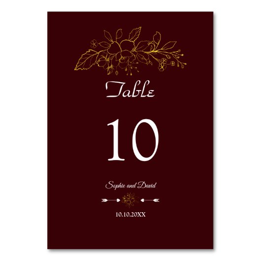Numéro De Table Elegant Minimal Gold Floral Deep Burgundy Wedding (Par défaut)