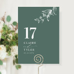 Numéro De Table Élégant, minimaliste Mariage botanique profond ver<br><div class="desc">Guidez vos invités à leur table avec cette élégante carte de numéro de table mariage vert profond. Design élégant et simple avec des noms sur le côté avec le "et" dans la calligraphie manuscrite moderne. Détail délicat du coin botanique dessiné à la main. Veuillez placer une commande individuelle pour "chaque"...</div>
