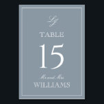Numéro De Table Élégant Monogramme moderne Script Dusty Blue Maria<br><div class="desc">Guidez vos invités à leurs sièges avec style à l'aide de nos élégantes cartes Monogram Modern Script Dusty Blue Mariage Table Number. Ces cartes magnifiquement conçues disposent d'une luxueuse palette bleu et blanc poussiéreux, parfaite pour ajouter une touche de sophistication à toute affaire formelle. Le script de calligraphie raffiné et...</div>