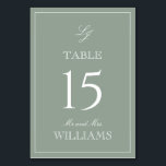 Numéro De Table Élégant Monogramme moderne Script Sage Mariage ver<br><div class="desc">Guidez vos invités à leurs sièges avec style en utilisant nos cartes Monogram Moderne Script Sage Green Mariage Table Number. Ces cartes magnifiquement conçues sont dotées d'une luxueuse palette verte et blanche sauge, parfaite pour ajouter une touche de sophistication à toute affaire formelle. Le script de calligraphie raffiné et le...</div>