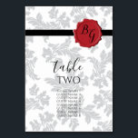 Numéro De Table Elégant Motif et sceau de cire Mariages invités<br><div class="desc">Ce design présente un élégant motif en feuille vintage et une image personnalisée de sceau de cire. L'arrière - plan damassé à motifs de feuilles grises contraste avec le ruban noir et le sceau de cire rouge. Le mélange de gris, de rouge, de noir et de blanc crée un style...</div>