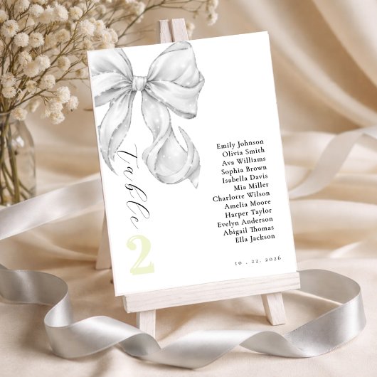 Numéro De Table Élégant, nœud papillon de douche de mariage blanc.