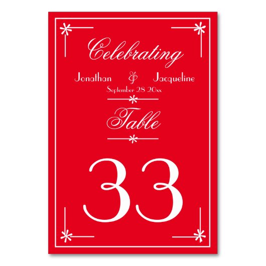 Numéro De Table Élégant nom de script chic mariage rouge romantiqu (Dos)