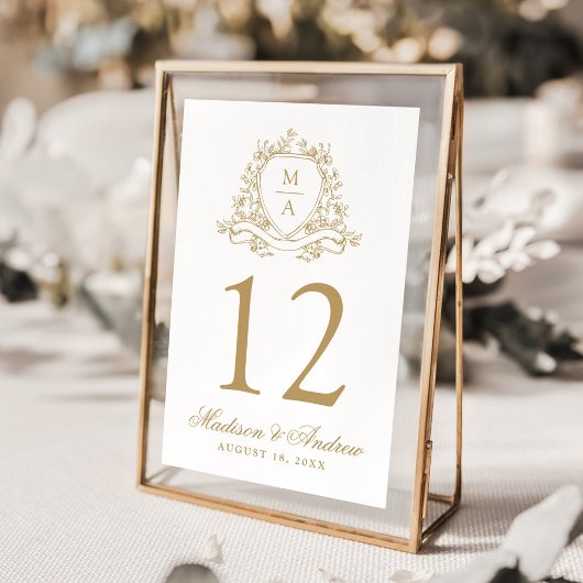 Numéro De Table Élégant or Floral Crest Monogram Mariage