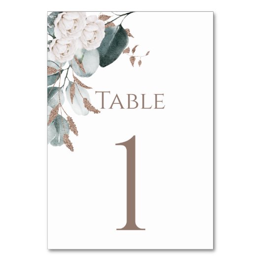 Numéro De Table Elégant Or Roses Blanches Aquarelle Verdure (Dos)