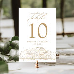 Numéro De Table Elégant or Rustic Barn Mariage<br><div class="desc">Cartes de numéro de table de grange rustique avec une illustration esquissée d'une grange d'or et d'une forêt au fond du dessin avec un arrière - plan blanc. "Tableau" est affiché en calligraphie or élégante avec le numéro de tableau ci-dessous. Personnalisez la carte avec vos noms et votre date de...</div>