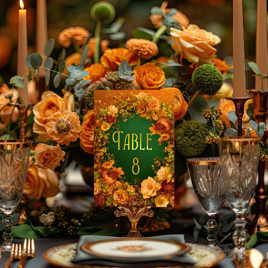 Numéro De Table Elégant Orange Gold & Green Druid Hill Mariage