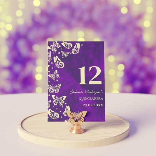 Numéro De Table Elégant Papillon en or violet Quinceañera Siège