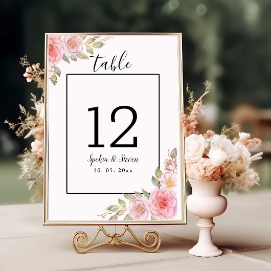 Numéro De Table Elegant Pink Floral Wedding Party with Gold 