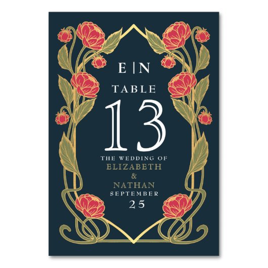 Numéro De Table Elegant Pink Peony Art Nouveau Floral Wedding (Dos)