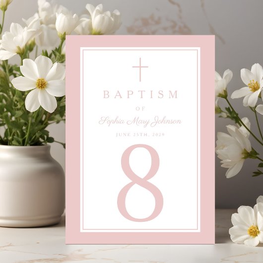 Numéro De Table Elegant Pink Religious Cross Girl Baptism