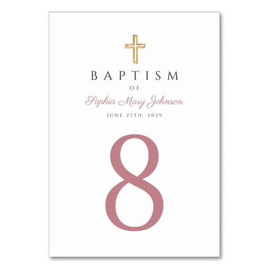Numéro De Table Élégant Pink Script Religieux Croix Girl Baptême (Dos)