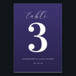 Numéro De Table Elegant Purple Number Table Sign<br><div class="desc">This elegant wedding table card features a minimalist design with a deep purple background and crisp white text. The layout centers around a large, bold serif number "3, " complemented by cursive script for the word "table" at the top and clean sans-serif fonts for customizable names and date below. The...</div>