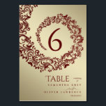 Numéro De Table Elégant Red and Gold Mariage damassé Numéro de tab<br><div class="desc">Cette carte de numéro de table mariage rayonne de luxe et de charme avec son cadre damassé orné dans des tons rouge et or frappants. La bordure décorative en damas forme un design circulaire gracieux, entourant le numéro de table audacieux au centre. Le titre "Table" est écrit en calligraphie fluide,...</div>