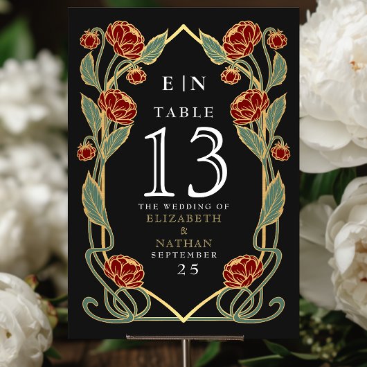 Numéro De Table Elegant Red Peony Art Nouveau Floral Wedding