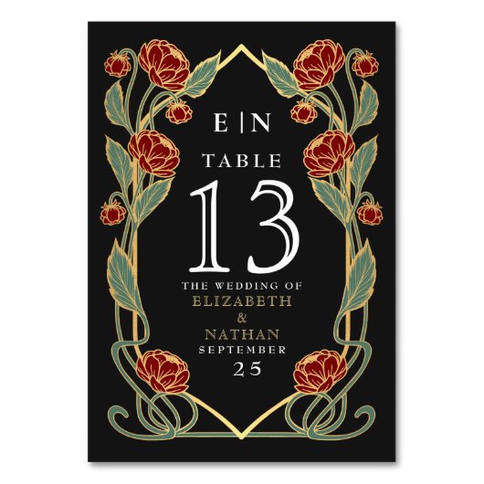 Numéro De Table Elegant Red Peony Art Nouveau Floral Wedding (Dos)