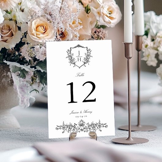 Numéro De Table Élégant régence Floral Crest Monogram Mariage