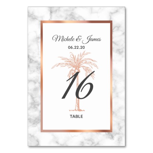 Numéro De Table Elégant Rose or cuivre Palm Tree Marble Mariage (Par défaut)