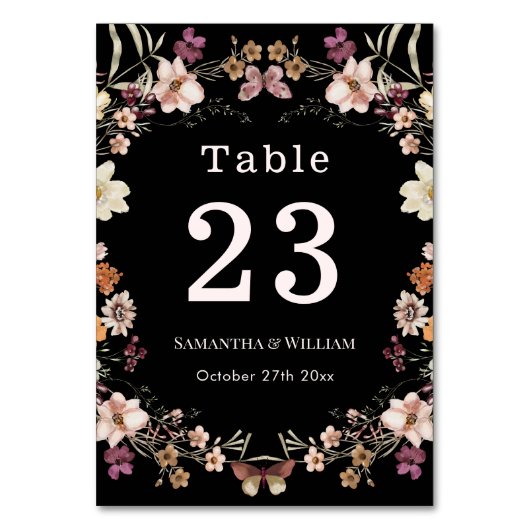Numéro De Table Elégant Royal Black Pastel Fleur sauvage Boho Mari (Par défaut)