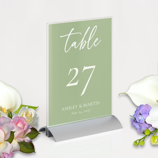 Numéro De Table Elégant Sage Green avec Mariage de script ivoire