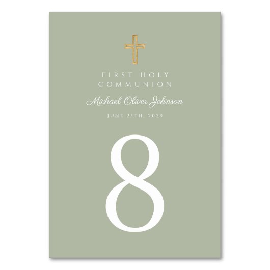 Numéro De Table Elégant Sage Green Cross Boy First Communion (Par défaut)