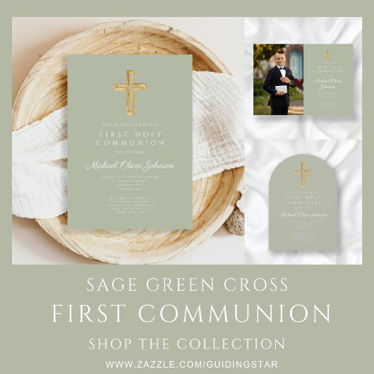 Numéro De Table Elégant Sage Green Cross Boy First Communion
