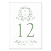 Numéro De Table Élégant Sage Green Floral Crest Monogram Mariage (Dos)