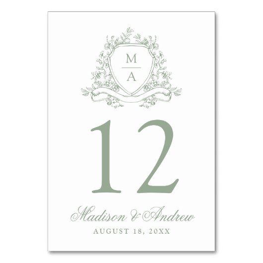 Numéro De Table Élégant Sage Green Floral Crest Monogram Mariage (Dos)