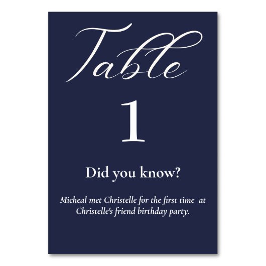Numéro De Table Élégant script bleu marine Fun facts mariage (Dos)