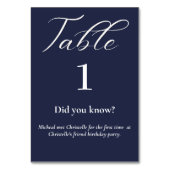 Numéro De Table Élégant script bleu marine Fun facts mariage (Par défaut)