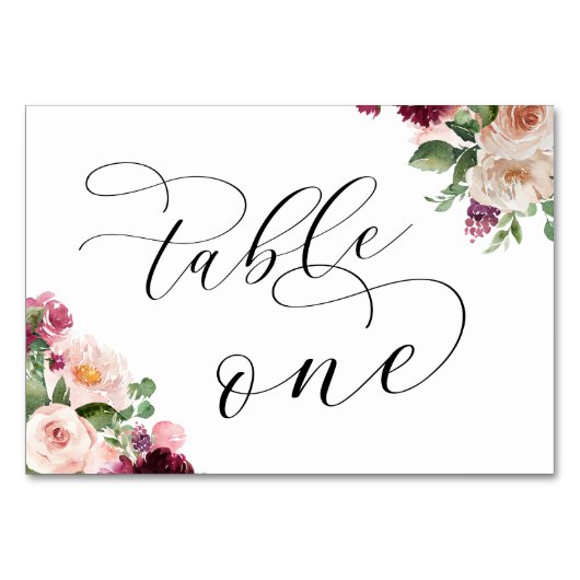 Numéro De Table Élégant Script Bourgogne Floral Mariage Réception  (Devant)