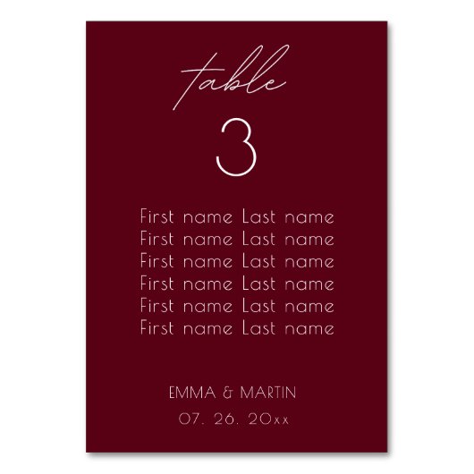 Numéro De Table Élégant Script Burgundy Mariage Seating Chart (Dos)