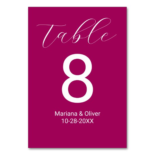 Numéro De Table Élégant script de calligraphie Magenta Mariage (Dos)