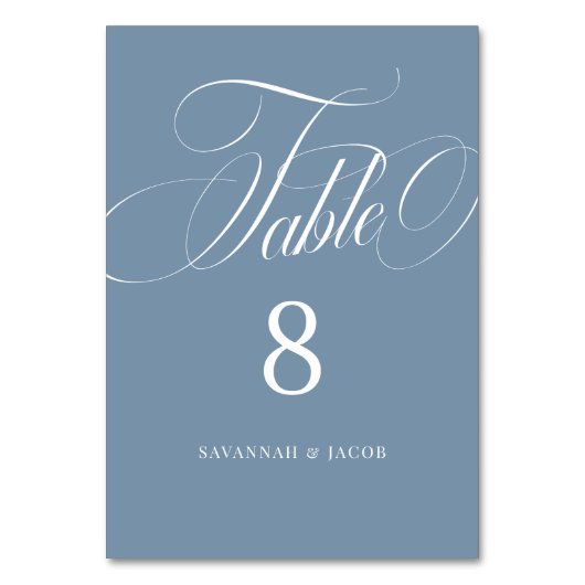Numéro De Table Élégant Script Dusty Mariage bleu (Dos)