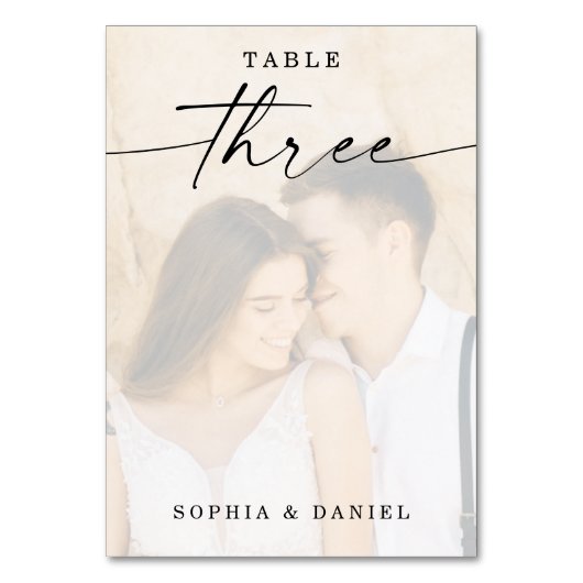 Numéro De Table Élégant script Mariage photo Tableau Numéro Trois (Dos)