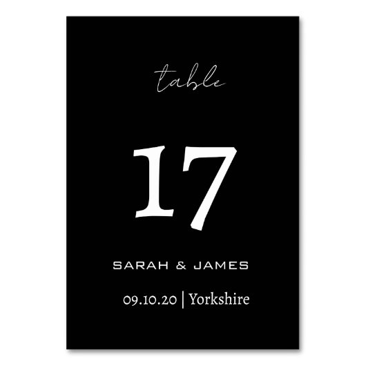 Numéro De Table Élégant script noir et blanc personnalisé (Dos)