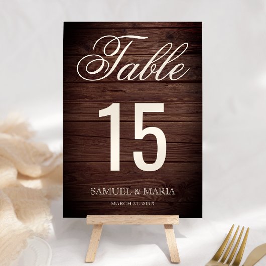Numéro De Table Élégant Script Rustic Wood Mariage