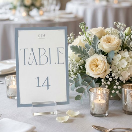 Numéro De Table Elegant Serif Blue Gray Monogram Table Number