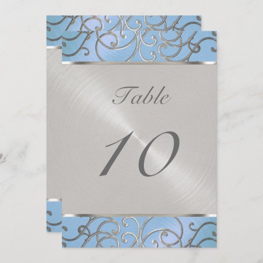Numéro de table Elegant Sky Blue et Silver Filigre (Devant / Derrière)
