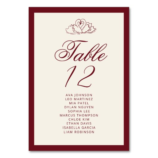 Numéro De Table Elegant Swan Deep red Table Seating Chart cards (Par défaut)
