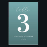 Numéro De Table Elegant Teal Number Three<br><div class="desc">This elegant wedding table card features a minimalist design with a calming teal background and crisp white text. The focal point is the large, bold numeral "3" centered on the card, surrounded by an assortment of fonts that add visual interest without cluttering the layout. Customizable placeholders for names and dates...</div>
