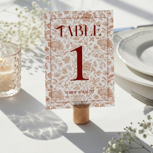 Numéro De Table Élégant Toile Floral Script Mariage Rouge 