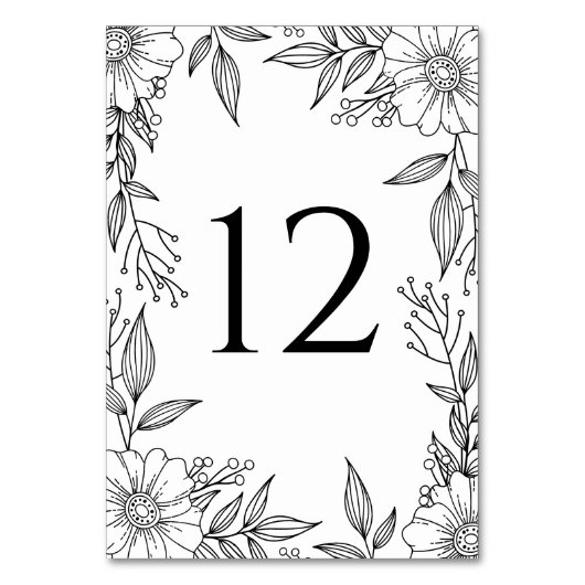 Numéro De Table Élégant trait floral Mariage noir blanc (Dos)