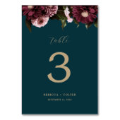 Numéro De Table Élégant Turquoise foncé Bourgogne Floral Mariage (Dos)