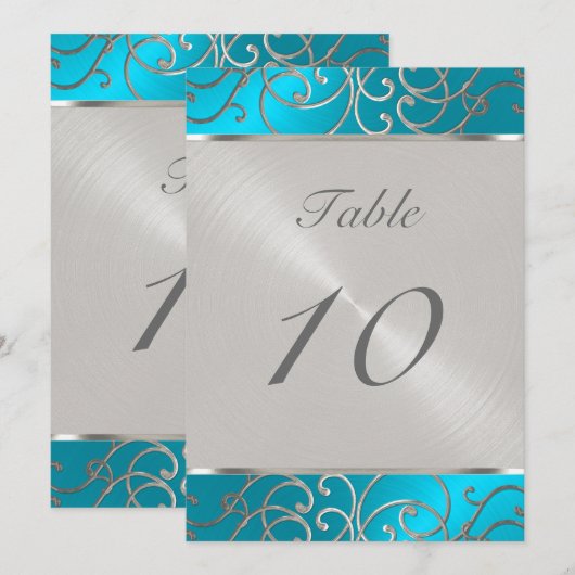 Numéro de table Elegant Turquoise Silver Filigree (Devant / Derrière)