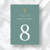 Numéro De Table Elégant Vert Croix Religieuse Garçon Première Comm