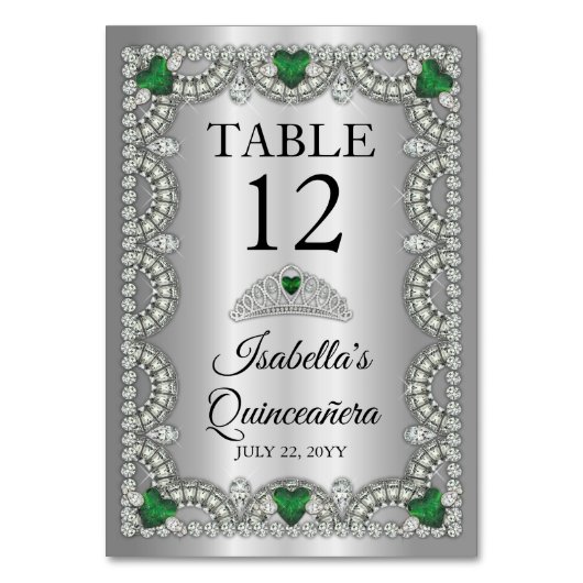 Numéro De Table Élégant vert émeraude | Diamond Crown Quinceañera (Dos)